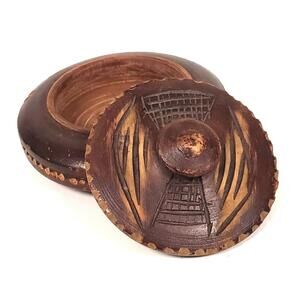 Vintage Carved Wooden Lidded Bowl Trinket Box Incised Tower Design Folk Art